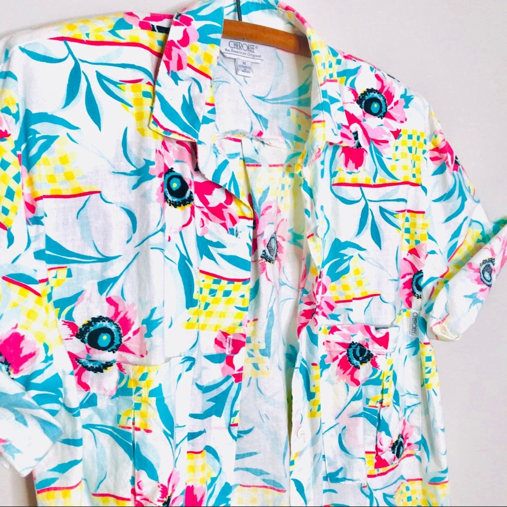 Vintage Retro Floral Hawaiian Button Up Popover - Picture 2 of 3